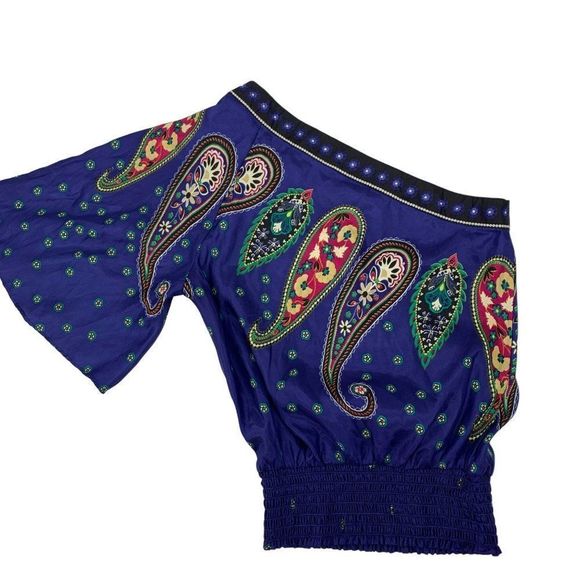 Womens Rampage M Top One Shoulder Angel Sleeve Boho Paisley Smock 3692 - Picture 5 of 7